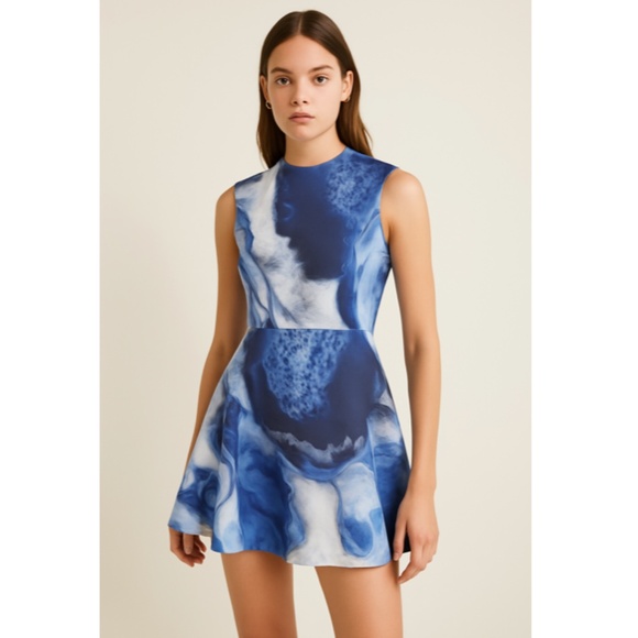Cameo Blue Marble Daydreaming Mini Dress Fit & Flare Cap Sleeves Mock Neck Small - Picture 1 of 9
